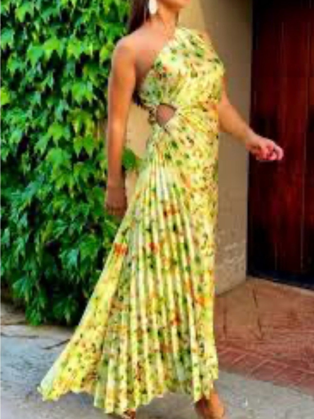 One-Shoulder Yellow Floral Pleated Cutout Maxi Dress